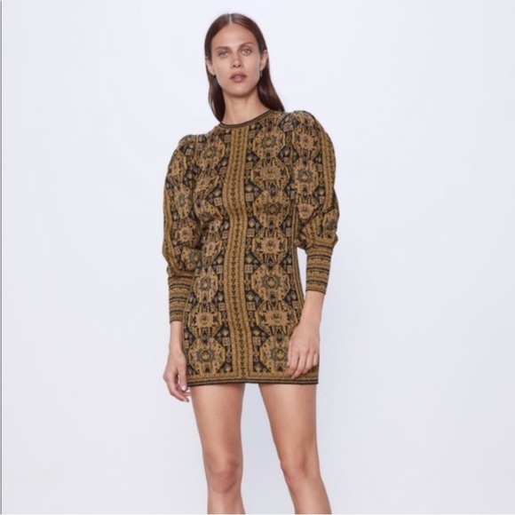 Zara Jacquard Knit Mini Dress Gold and Black Size Medium - Picture 1 of 14